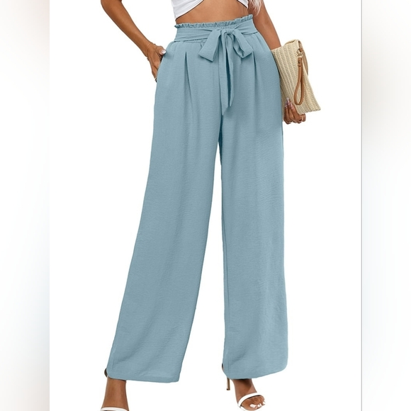 Women's Wide Leg Pants with Pockets Lightweight High Waisted Adjustable Tie Knot - Picture 3 of 4
